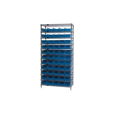 Global Industrial Chrome Wire Shelving with 55 4inH Plastic Shelf Bins Blue, 36x14x74 268969BL